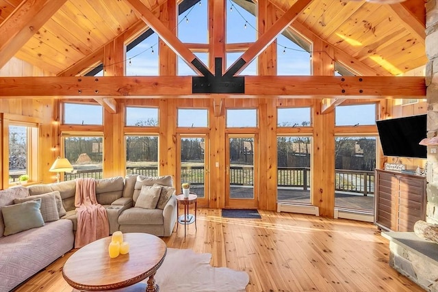 living room with beamed ceiling, high vaulted ceiling, wooden ceiling, and light wood-type flooring