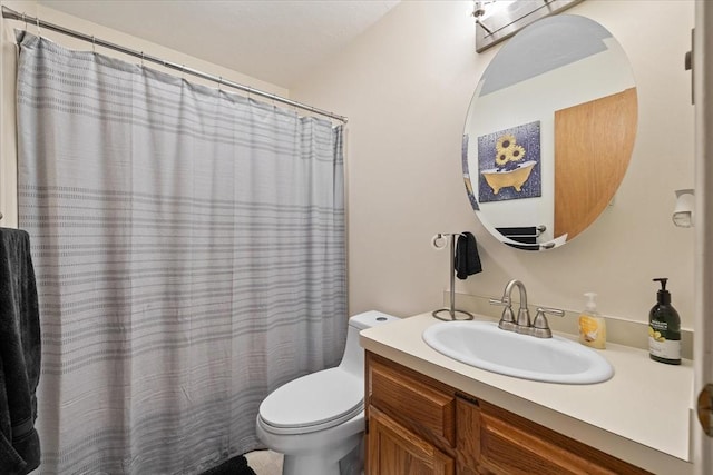 148 Prince Rd, Southbridge, MA 01550 - bathroom with toilet, vanity, and a shower with shower curtain