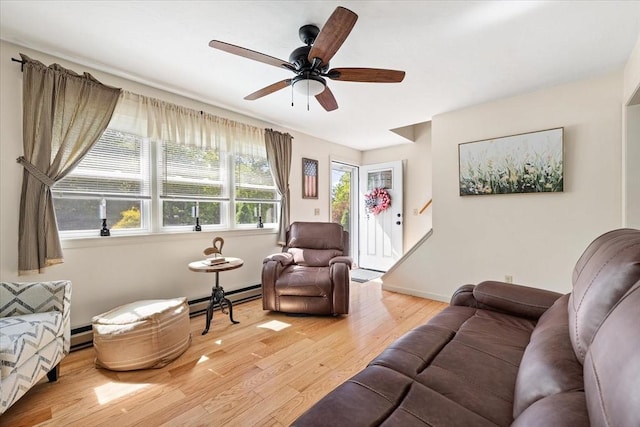 148 Prince Rd, Southbridge, MA 01550 - living area with a baseboard radiator, light wood finished floors, a ceiling fan, and baseboards