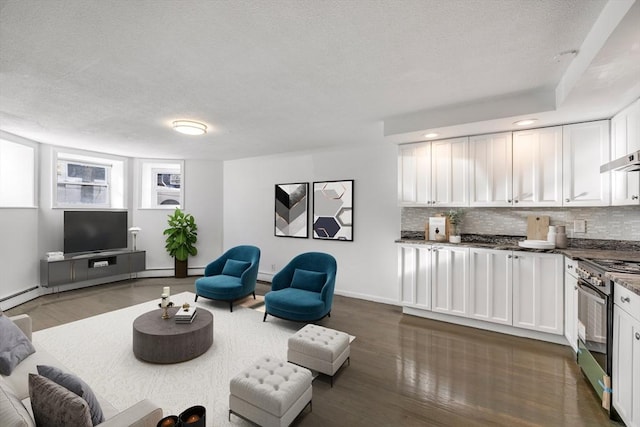 living room with baseboard heating and dark wood-type flooring