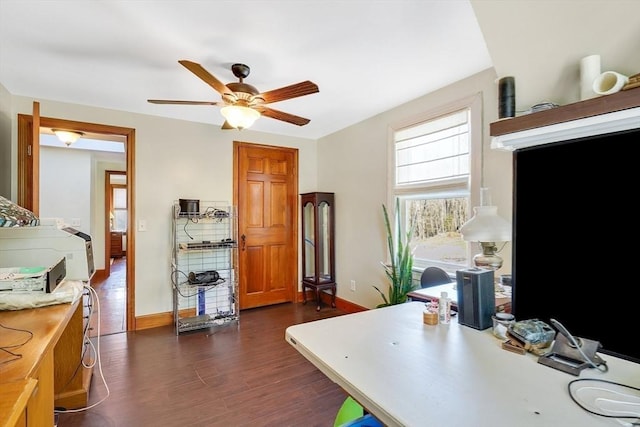 office area with dark hardwood / wood-style flooring and ceiling fan