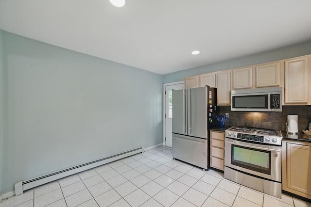 20 Tarleton Rd, Boston, MA 02132 - kitchen with stainless steel appliances, baseboard heating, dark countertops, light brown cabinetry, and recessed lighting