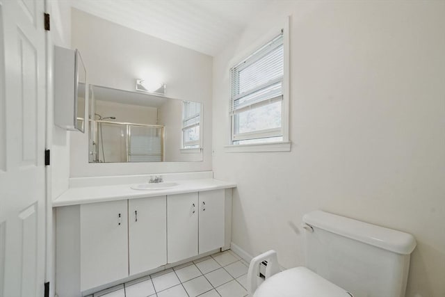 20 Tarleton Rd, Boston, MA 02132 - full bath with toilet, vanity, a shower stall, tile patterned floors, and baseboards