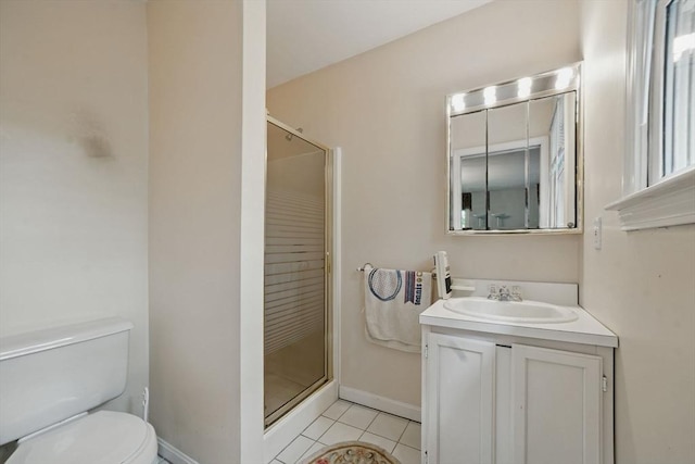 20 Tarleton Rd, Boston, MA 02132 - bathroom featuring a shower stall, toilet, tile patterned floors, vanity, and baseboards