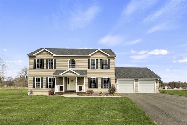 view of front facade with a garage, driveway, a front yard, and a porch