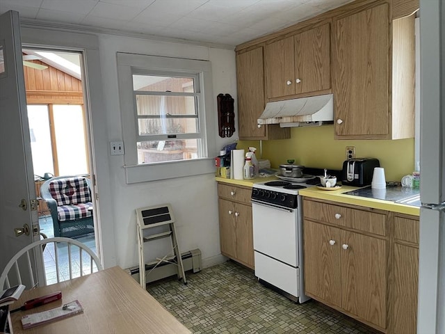 57 Harrington St, Falmouth, MA 02536 - kitchen featuring under cabinet range hood, white appliances, a baseboard heating unit, and light countertops