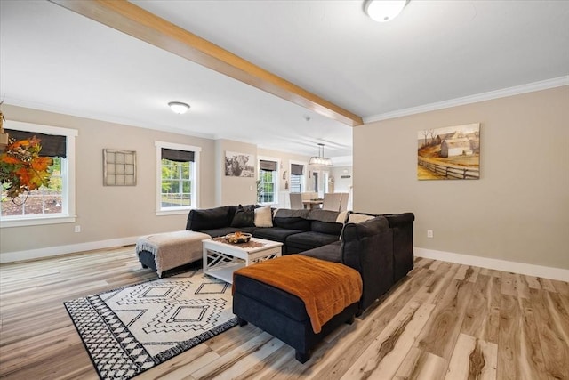 living area with baseboards, light wood-type flooring, and crown molding