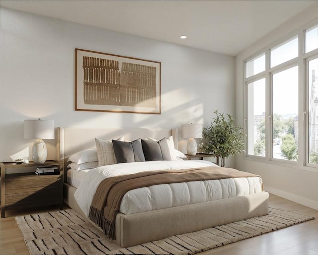bedroom with multiple windows, light wood-style floors, baseboards, and recessed lighting