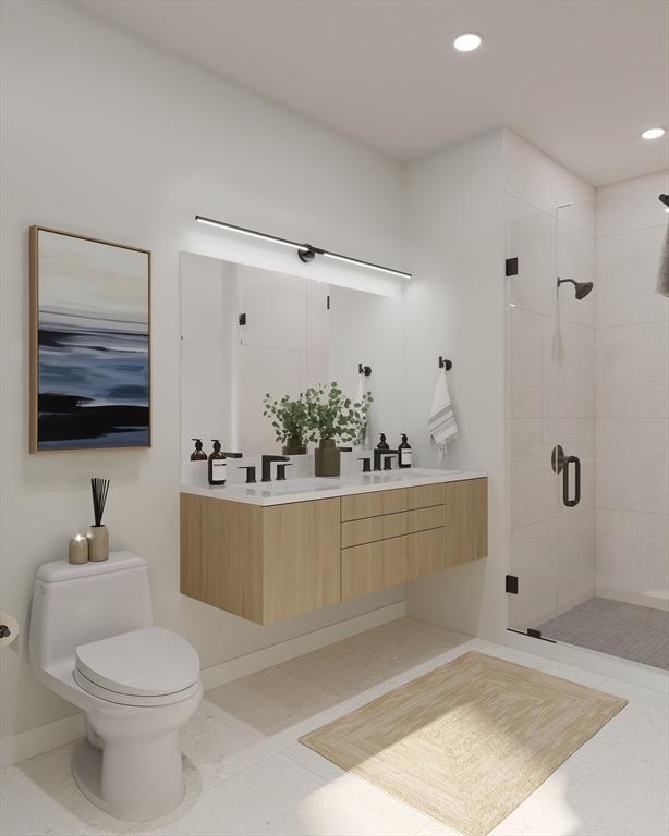 full bath featuring a stall shower, double vanity, recessed lighting, toilet, and baseboards