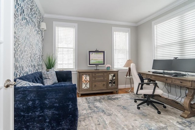 office space with hardwood / wood-style flooring, plenty of natural light, and crown molding