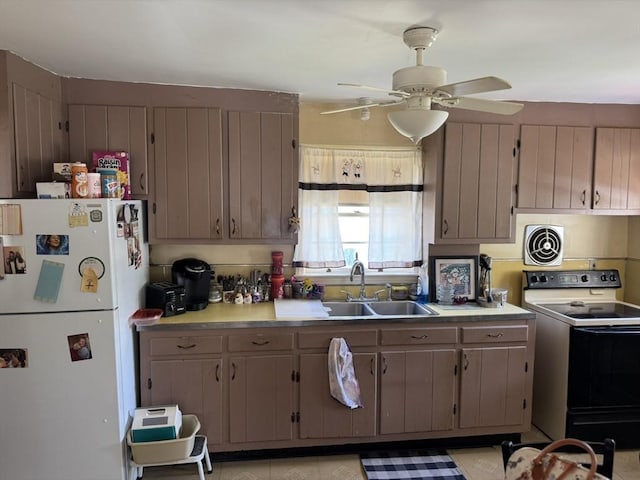 925 Washington St, Weymouth, MA 02189 - kitchen featuring freestanding refrigerator, electric stove, a sink, light countertops, and ceiling fan