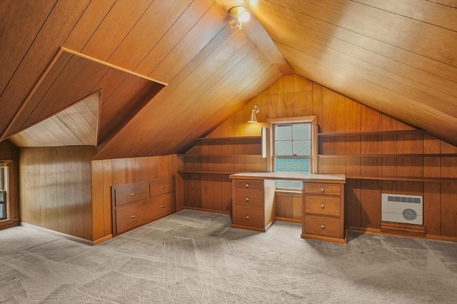 14 Lyman Ter, Waltham, MA 02452 - unfurnished office with lofted ceiling, wood walls, light carpet, wood ceiling, and heating unit