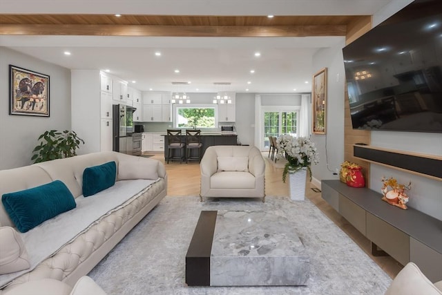 6 Fallon Cir, Braintree, MA 02184 - living area featuring light wood finished floors, recessed lighting, and wooden ceiling with exposed beams