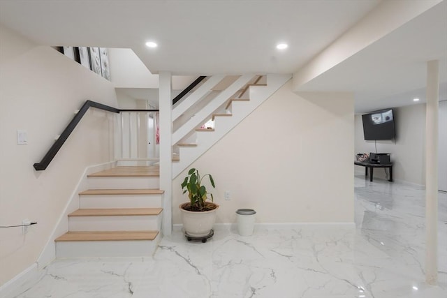 6 Fallon Cir, Braintree, MA 02184 - stairs with marble tiled flooring, baseboards, and recessed lighting