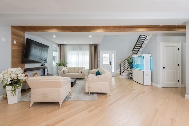 6 Fallon Cir, Braintree, MA 02184 - living area with stairs, light wood finished floors, baseboards, beam ceiling, and recessed lighting