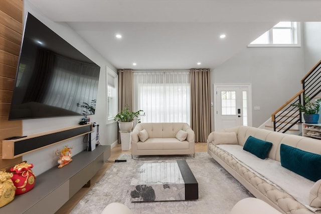 6 Fallon Cir, Braintree, MA 02184 - living room with stairs, wood finished floors, and recessed lighting