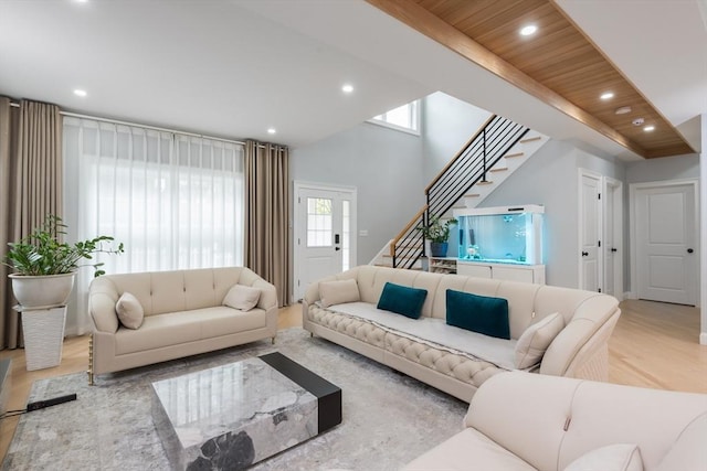 6 Fallon Cir, Braintree, MA 02184 - living room with recessed lighting, stairway, wood finished floors, and wood ceiling