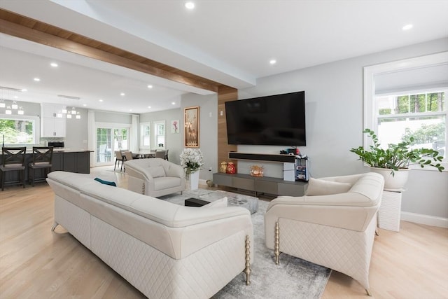 6 Fallon Cir, Braintree, MA 02184 - living area featuring recessed lighting, light wood finished floors, beam ceiling, and baseboards