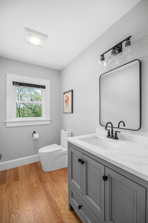 bathroom featuring vanity, hardwood / wood-style floors, and toilet