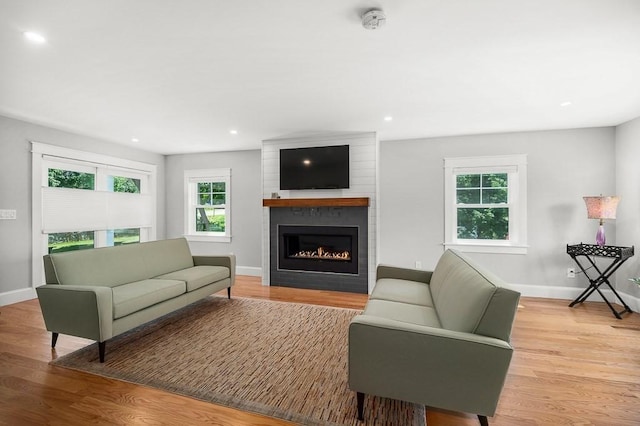 living room featuring a large fireplace and light hardwood / wood-style floors