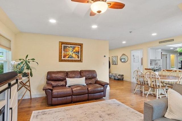 34 Woodland Cir, Methuen, MA 01844 - living room with wood finished floors, baseboards, a ceiling fan, and recessed lighting