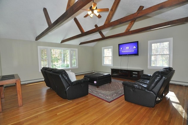 living room with wood finished floors, a ceiling fan, high vaulted ceiling, baseboard heating, and beamed ceiling