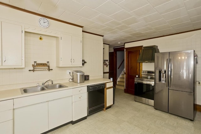 kitchen with stainless steel appliances, light countertops, custom range hood, white cabinetry, and a sink