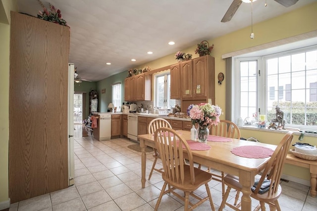 dining room featuring light tile patterned floors, ceiling fan, and recessed lighting