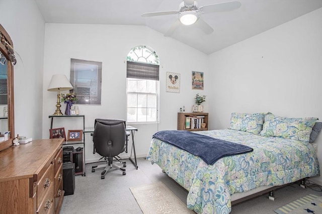 bedroom featuring vaulted ceiling and light colored carpet