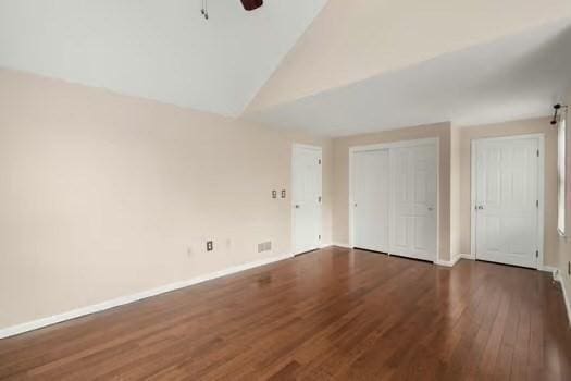 5 Saint John Ln Unit 5, Milford, MA 01757 - unfurnished living room featuring wood finished floors, a ceiling fan, and high vaulted ceiling
