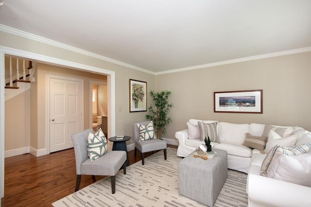 265 King St, Cohasset, MA 02025 - living area featuring crown molding, light wood-type flooring, and stairway