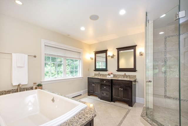 265 King St, Cohasset, MA 02025 - full bathroom with a garden tub, a stall shower, double vanity, recessed lighting, and tile patterned floors