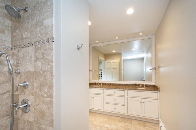 265 King St, Cohasset, MA 02025 - full bathroom featuring a tile shower, double vanity, and recessed lighting