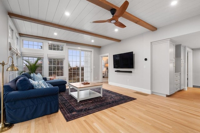 living room featuring beamed ceiling, ceiling fan, wood ceiling, and light hardwood / wood-style flooring