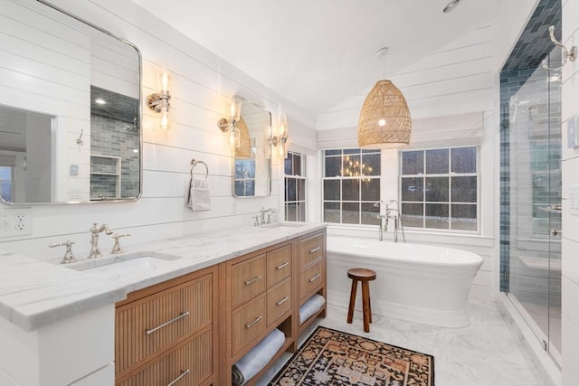 bathroom with vanity, plus walk in shower, and vaulted ceiling