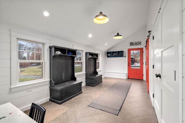 mudroom featuring lofted ceiling