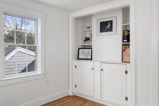 interior space featuring hardwood / wood-style flooring and built in shelves