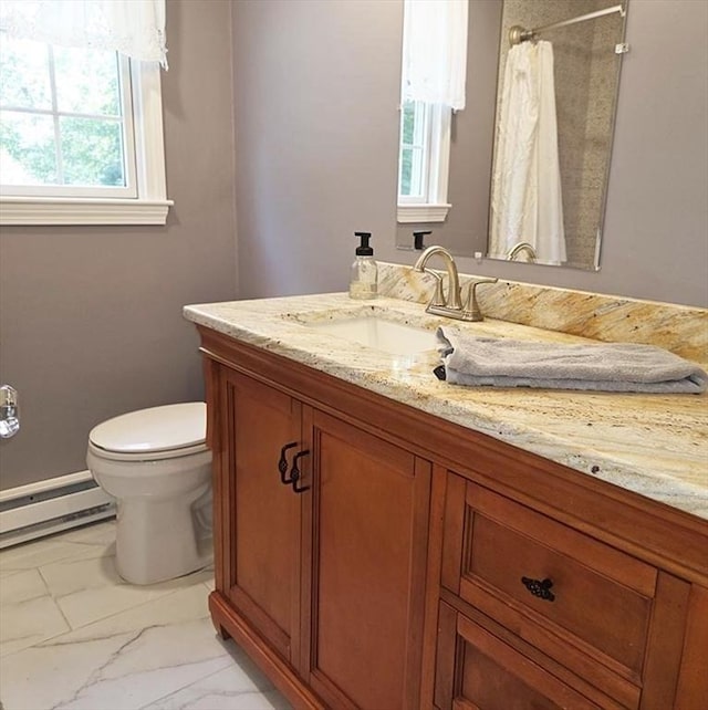 15 Sudbury Rd, Stow, MA 01775 - full bath with marble finish flooring, vanity, baseboard heating, and a shower with curtain