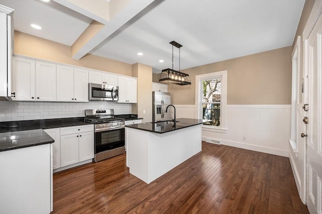 11-13 Read St, Lowell, MA 01850 - kitchen featuring appliances with stainless steel finishes, a sink, dark wood finished floors, wainscoting, and dark countertops