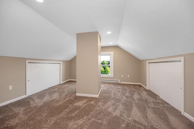 11-13 Read St, Lowell, MA 01850 - additional living space featuring baseboard heating, carpet flooring, lofted ceiling, baseboards, and recessed lighting