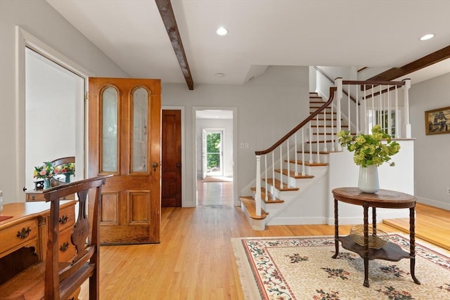 1395 Canton Ave, Milton, MA 02186 - foyer featuring beam ceiling, light wood-type flooring, stairway, and recessed lighting