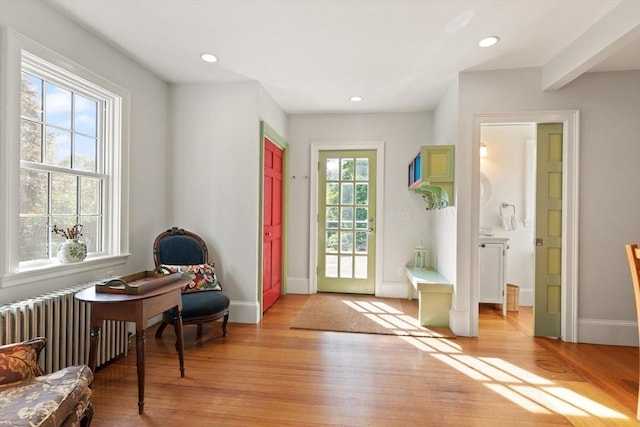 1395 Canton Ave, Milton, MA 02186 - foyer entrance featuring radiator, light wood-style flooring, and recessed lighting