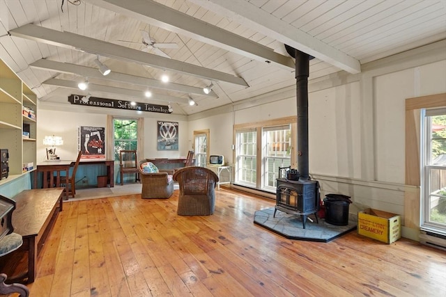 1395 Canton Ave, Milton, MA 02186 - living area with a wood stove, hardwood / wood-style floors, wooden ceiling, healthy amount of natural light, and track lighting