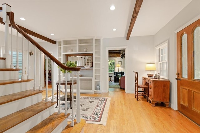 1395 Canton Ave, Milton, MA 02186 - entryway featuring stairs, beam ceiling, wood finished floors, and recessed lighting