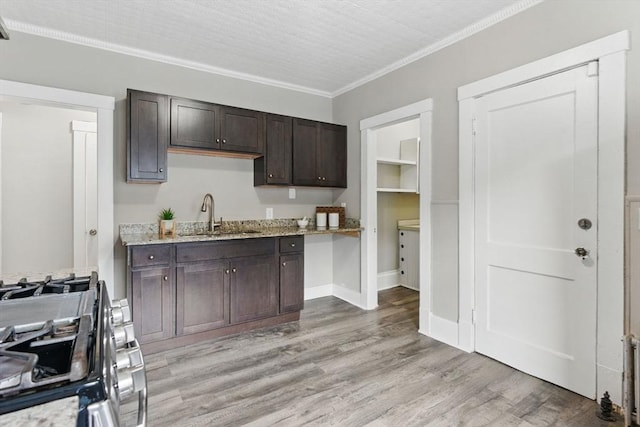 31-33 Beauchamp St, Springfield, MA 01107 - kitchen featuring a sink, range with gas stovetop, dark brown cabinetry, light wood-style flooring, and light stone countertops