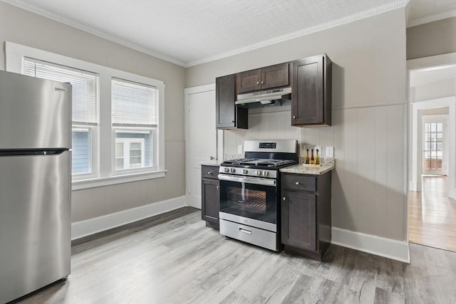 31-33 Beauchamp St, Springfield, MA 01107 - kitchen featuring stainless steel appliances, light wood-type flooring, dark brown cabinetry, crown molding, and baseboards