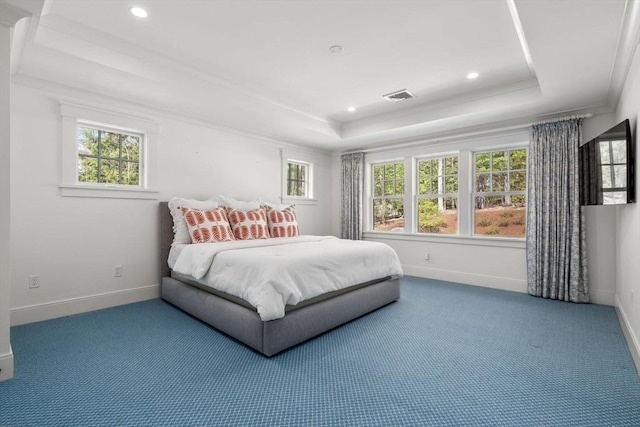 carpeted bedroom with visible vents, baseboards, a tray ceiling, and multiple windows