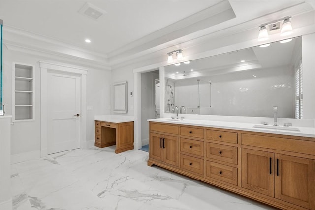 bathroom featuring crown molding, a sink, double vanity, and visible vents