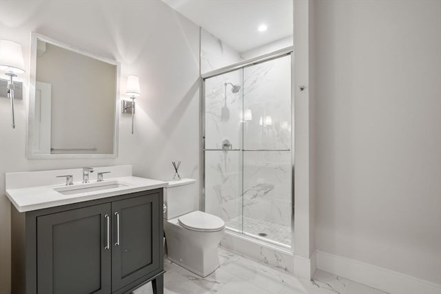 full bathroom featuring baseboards, vanity, toilet, marble finish floor, and a marble finish shower