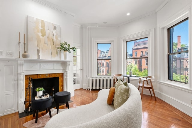 living room with plenty of natural light, crown molding, radiator heating unit, and light wood-type flooring